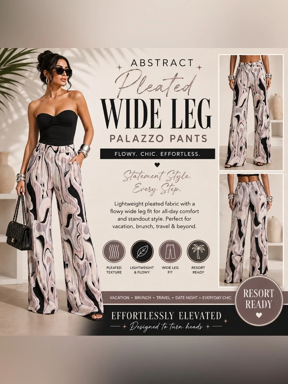 Abstract Print Pleated Wide Leg Pants High Waist Flowy Boho Resort Ready